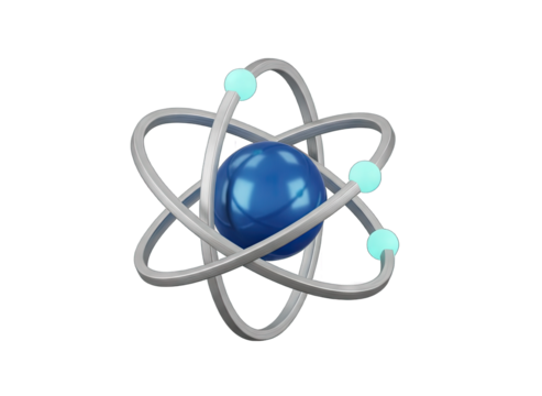 Abstract metallic atomic model with orbiting electrons and a glossy blue nucleus symbolizing science and innovation on a transparent background