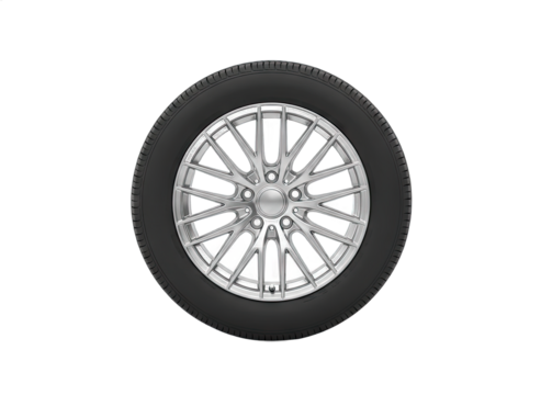 Chrome alloy wheel with black tire on a transparent background isolated studio shot with clean detailed design