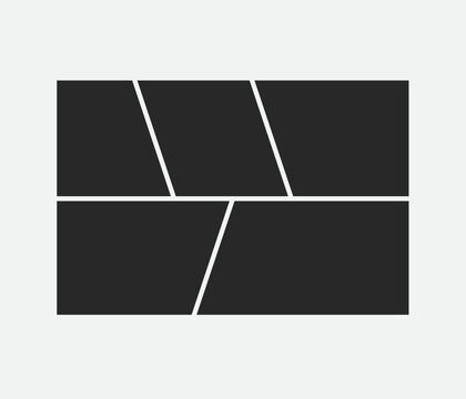 This photo collage template features five dark rectangular areas split across two rows, separated by thin white lines, including two diagonal splits in the top row and one in the bottom.