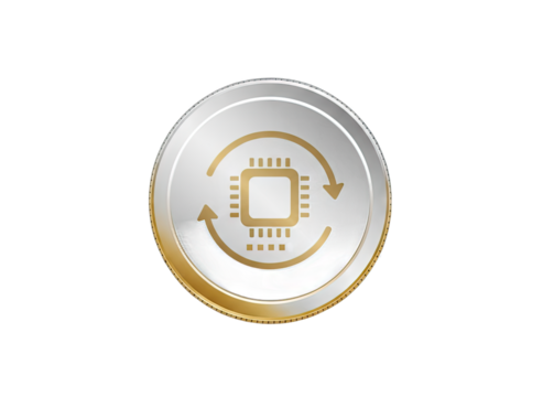 Circular Gold Trimmed Emblem With Central Microchip Symbol Surrounded by Gold Arrows Indicating Process Flow on Transparent Background