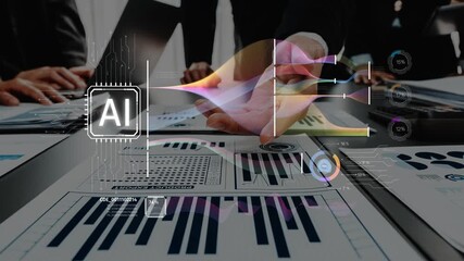 A modern workspace showcases professionals collaborating on business analytics, with AI technology enhancing data visualization and decision-making through vibrant graphs and statistics. Raster - Powered by Adobe