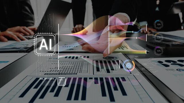 A modern workspace showcases professionals collaborating on business analytics, with AI technology enhancing data visualization and decision-making through vibrant graphs and statistics. Raster - Powered by Adobe