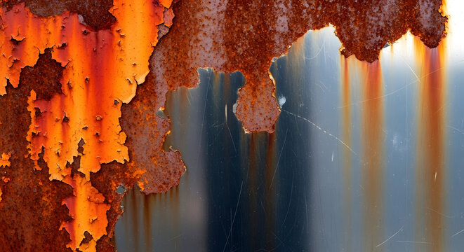 Close up of corroded metal texture with warm rust and dark background