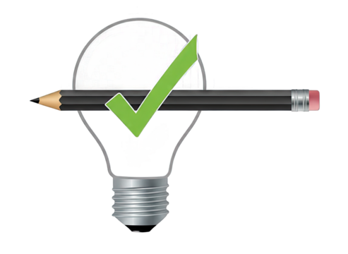 Concept of successful idea generation a lightbulb drawing a pencil with a green checkmark superimposed on a black background