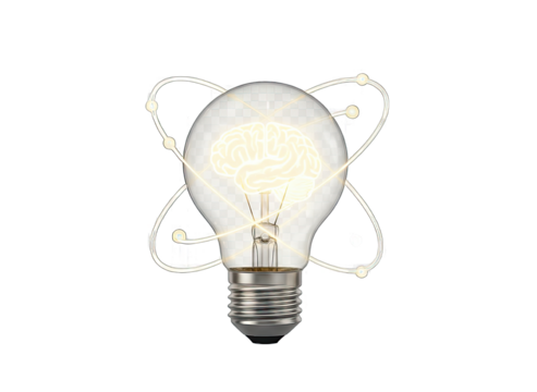 Conceptual incandescent light bulb with glowing brain illustration inside and orbiting atomic particles symbolizing ideas and innovation