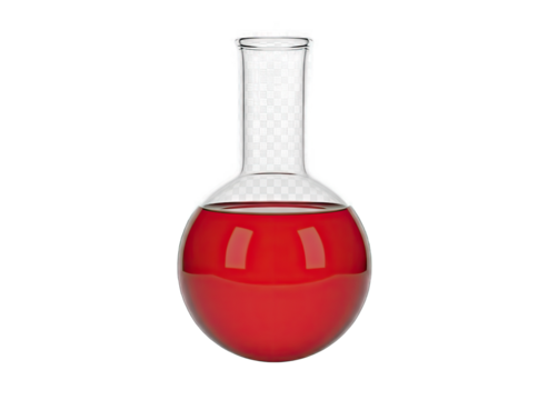 Clear Glass Laboratory Flask Filled With Red Liquid Centered On Transparent Background With Subtle Reflections And Highlights Illustrating Scientific Experimentation And Chemistry