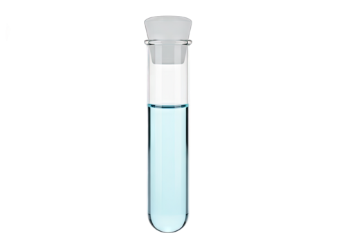 Clear Glass Test Tube Filled With Light Blue Liquid and Sealed With White Stopper Isolated On Transparent Background Studio Shot