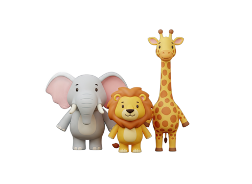Cute 3D Rendered Elephant Lion and Giraffe Standing Together on a Transparent Background with Soft Lighting