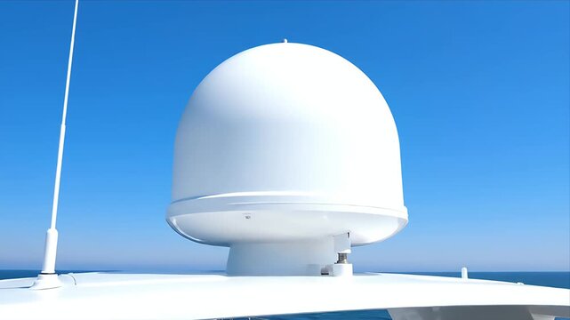 Modern white satellite dome and antenna on a luxury yacht deck under a clear blue sky and calm ocean horizon depicting advanced marine communication and navigation