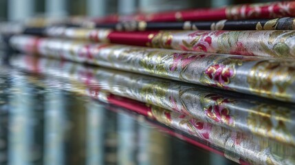 Close-Up of Colorful Fabric Rolls with Vibrant Floral Patterns Reflecting on a Glass Surface in a Brightly Lit Setting