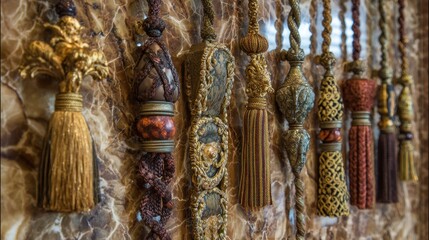 Decorative tassels display on a marble background showcasing intricate designs and rich textures suitable for various interior design styles and artistic applications.