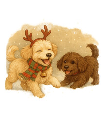 Cute Christmas poodle dogs playing together wearing antlers and scarves in a festive winter scene illustration