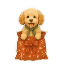 Adorable poodle dog sitting inside a red gift bag &mdash; cute Christmas illustration for holiday design