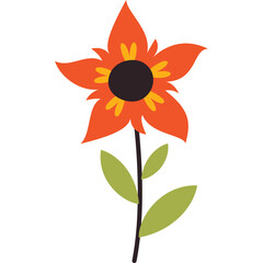 Stylized orange flower with yellow accents and dark center on a thin stem with two green leaves isolated on a transparent white background illustration