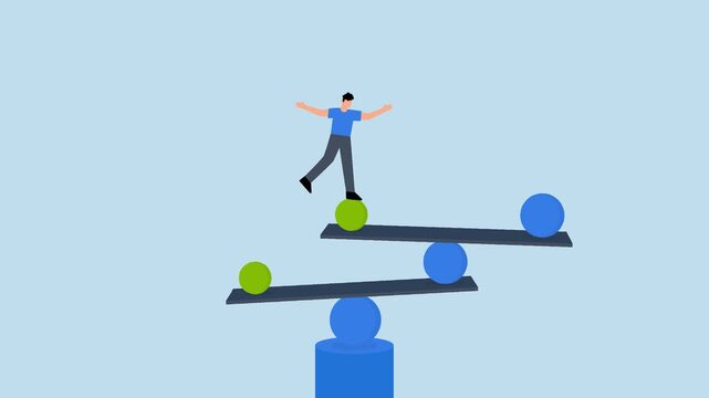 Work life balance, entrepreneur maintains equilibrium on steady scale symbolizing life balance.