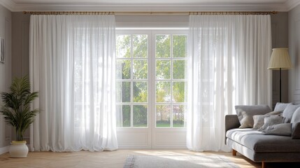 Fototapeta premium Bright and Airy Living Room with Sheer White Curtains, Modern Sofa, Potted Plant, and Beautiful Garden View through Large Windows