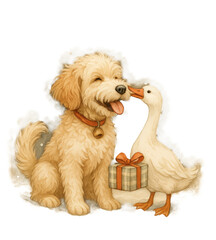 Poodle dog kissing white goose with gift box &mdash; adorable Christmas animal art