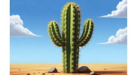 Tall saguaro cactus stands proudly in a sunlit desert under a blue sky.