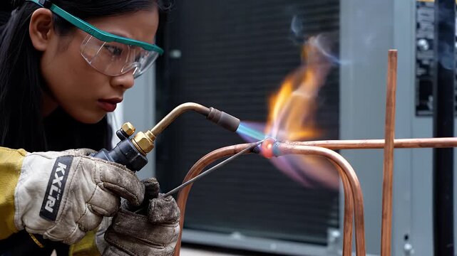 Skilled technician expertly brazes copper pipes with a torch.