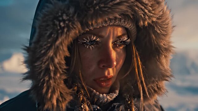 Female explorer in insulated parka with fur hood on a frozen Arctic plain, eyelashes rimmed with ice as she faces subzero wind, enduring polar conditions during a winter expedition at golden hour