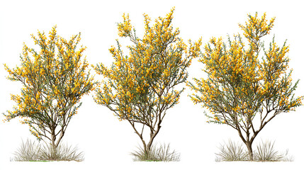 Set of 3 Genista scorpius (or Scorpion Broom) trees isolated on a white background perfectly cutout Stock Illustration