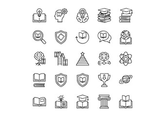 Wisdom and Learning: 25 Black and White Knowledge Vector Icons, Education Essentials: Minimalist Line Art Icon Collection, Black and White Intelligence: Core Knowledge-Based Symbols