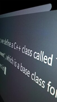 Closeup macro shot movement of coding script moving across LED screen with real-time AI-generated typing, showcasing advanced AI learning in optimization, debug and coding for software development.