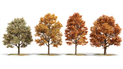 Naklejka premium Set of 4 autumn Quercus serrata (commonly known as the jolcham oak) trees isolated on a white background perfectly cutout Stock Illustration