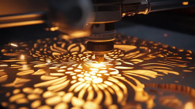 Industrial Laser Cutting Machine Processing Metal Sheet with Intricate Floral Pattern and Glowing Sparks