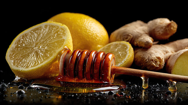 Pouring dripping honey lemon ginger root black background healthy immunity vitamins