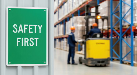 A "SAFETY FIRST" sign displayed prominently in a modern warehouse, with workers operating a forklift in the blurred background.