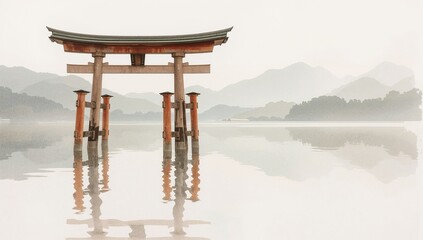 Naklejka premium Traditional red torii gate standing in shallow reflective water, distant misty mountains, painted in serene watercolor with soft gray and vermilion tones across three panels, symbolizing spiritual.
