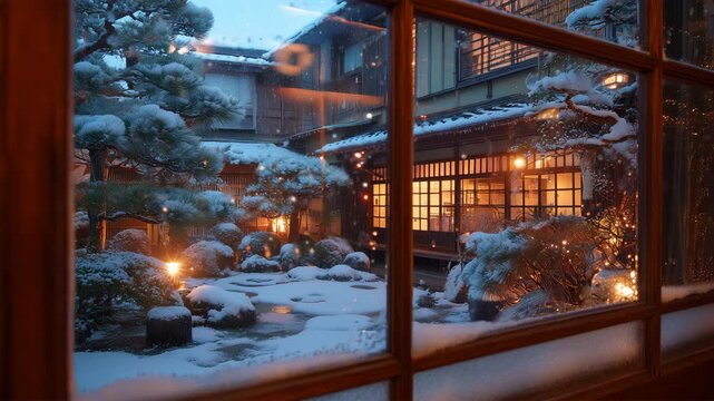 クリスマスの雪夜に灯る和の庭園景色