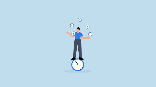 Time management for best efficiency and productivity, businesswoman balancing clocks while maintaining her own equilibrium on clock.