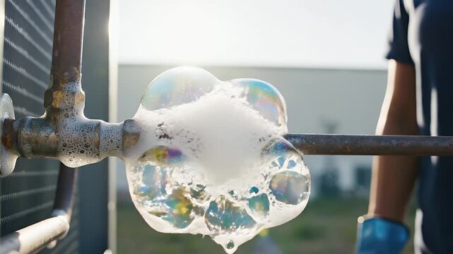 Technician Detecting Gas Leak on Copper Pipe with Soap Bubbles.