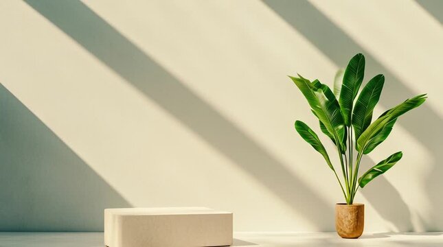 A minimalist studio setup, featuring an empty geometric design interior with sleek surfaces and industrial chic decor, bathed in soft, warm light that casts intriguing shadows on the blank plaster wal