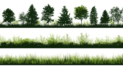 set of forest line cad, minimal isolated on white background. Ground cover. Illustration for elevation architectural element, side view, grass section. Turf coating banners for edging. Stock Vector