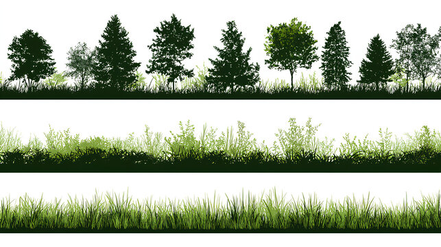 set of forest line cad, minimal isolated on white background. Ground cover. Illustration for elevation architectural element, side view, grass section. Turf coating banners for edging. Stock Vector