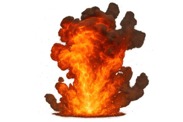 Dynamic explosion with fire and dark smoke creating a large fireball burst, high-energy impact, transparent background