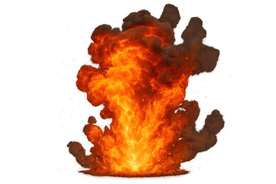 Dynamic explosion with fire and dark smoke creating a large fireball burst, high-energy impact, transparent background - Powered by Adobe