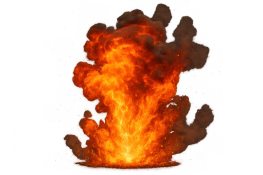 Dynamic explosion with fire and dark smoke creating a large fireball burst, high-energy impact, transparent background