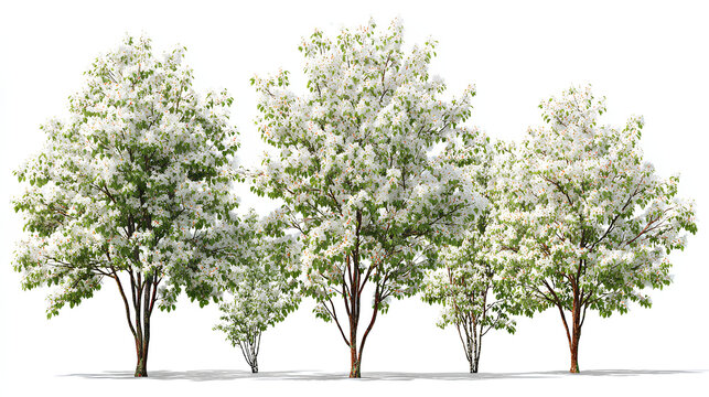 Set of summer and spring Amelanchier canadensis (commonly known as shadblow serviceberry, chuckle-berry, currant-tree) frontal isolated on a white background perfectly cutout Stock Illustration