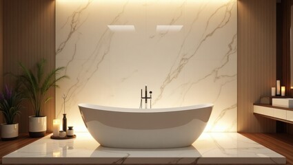 Ba&ntilde;o de lujo con ba&ntilde;era exenta, paredes de m&aacute;rmol y suaves reflejo