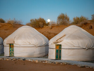 Traditional Yurt Camp in Desert at Moonrise - Uzbekistan