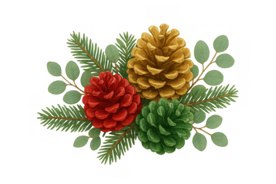 Festive watercolor illustration showing a decorative festive arrangement of red, gold, green pine cones and natural foliage