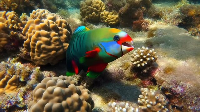Parrotfish on Coral Reef Colorful Underwater Marine Life Scene