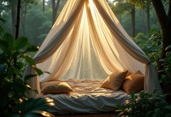 Enclosed Serenity Under a Mosquito Net Tent Softened by Forest Sounds Soft Light Filtering Through