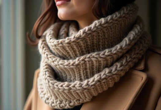 Elegant Textured Winter Scarf in Cozy Ensemble Emphasizing Warmth and Sophistication