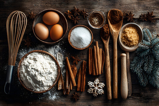 Christmas baking background with utensils and ingredients - flour, eggs, brown sugar and spices. With christmas decorations and fir tree on rustic wooden background, top view with copy space.