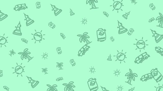 Seamless Pattern - Abstract Green Background with Hand-Drawn Travel and Summer Icons.